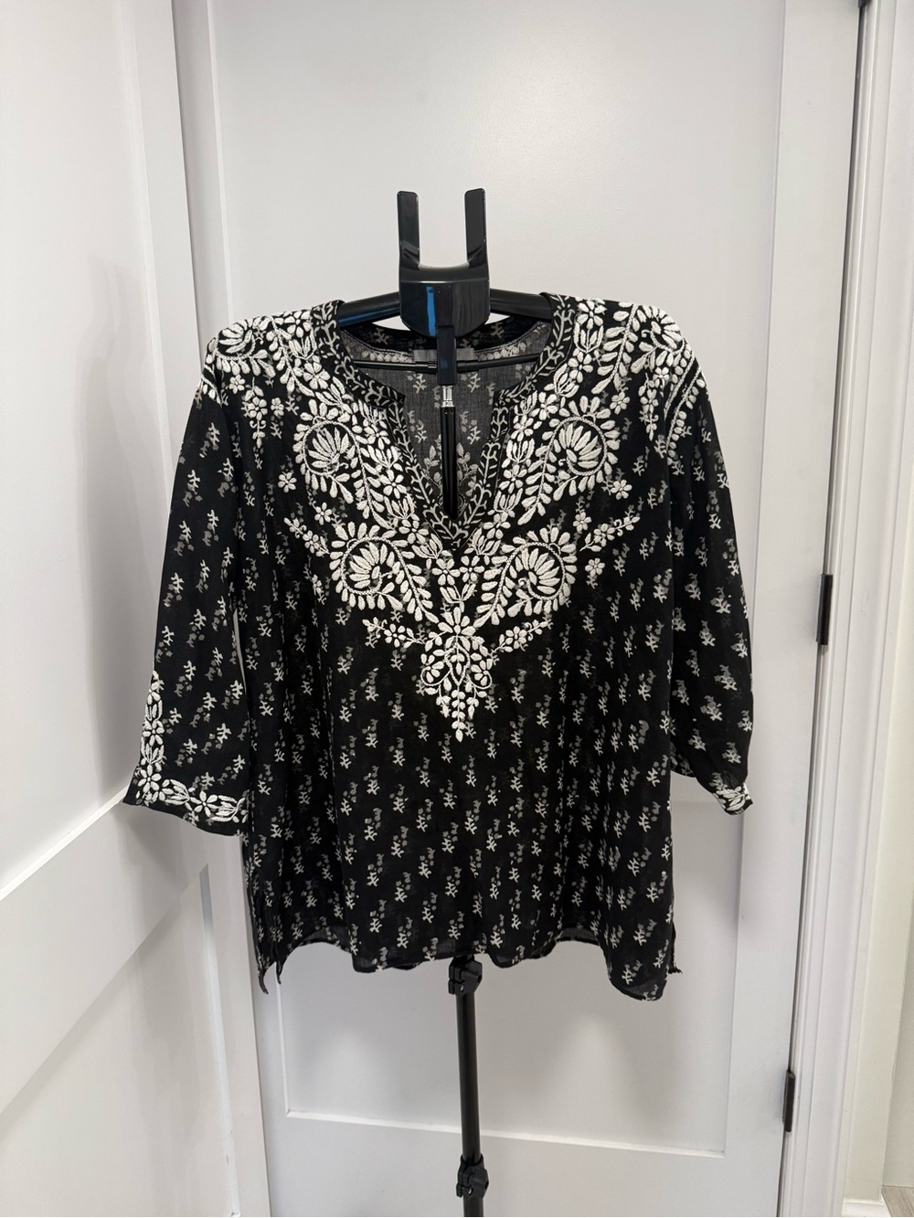 Maya Black Tunic with White Floral Embroidery